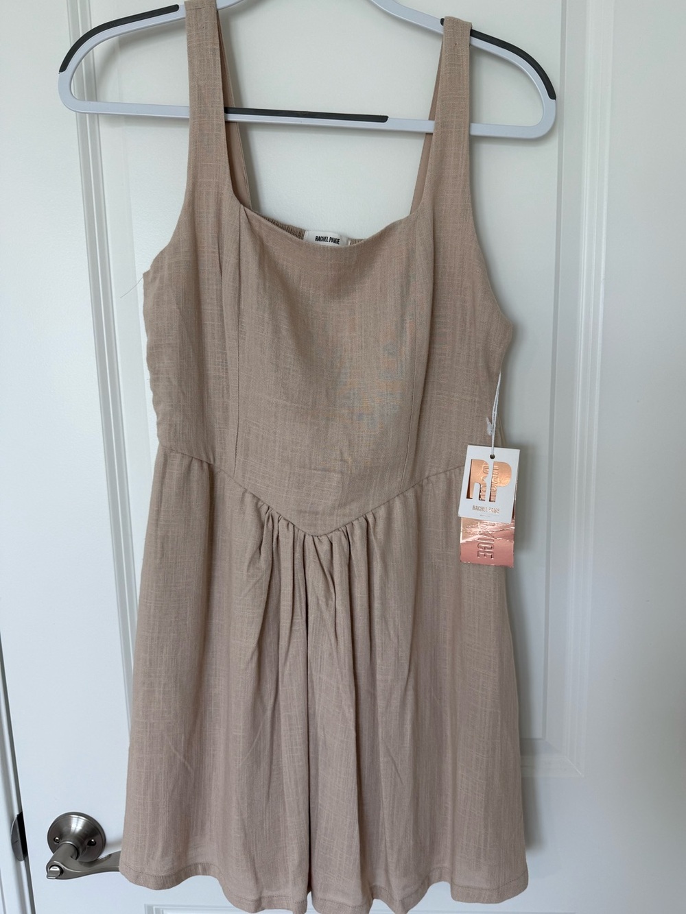 Rachel Paige Square-Neck Mini Dress in Beige
